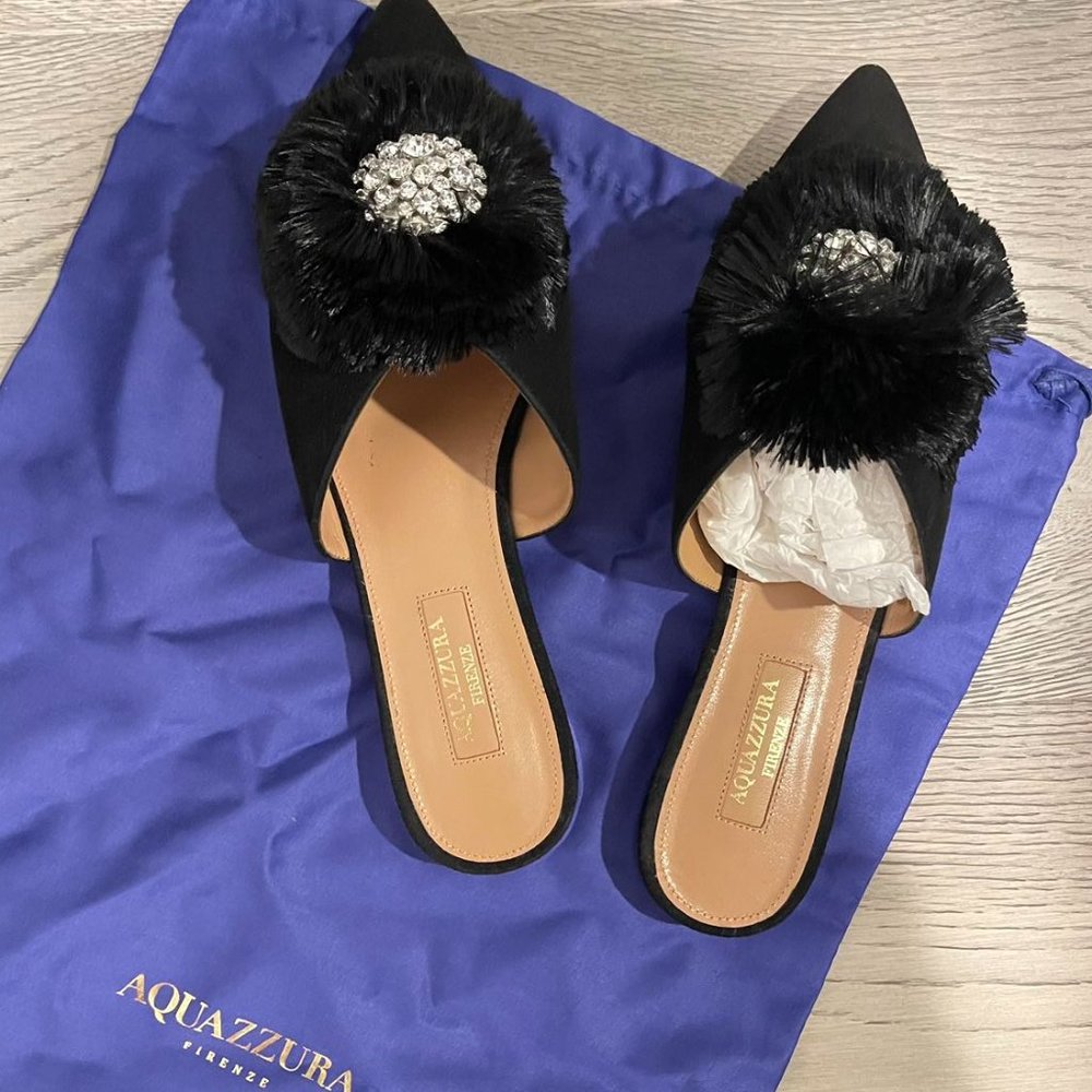 AQUAZZURA Crystal Lotus Mule, Suede Black Size:36